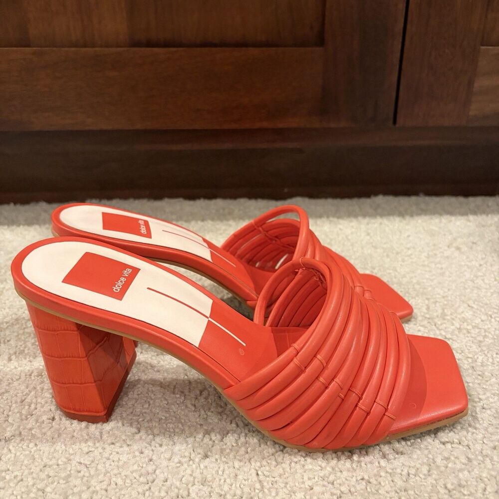 DOLCE VITA Priana Block Heel Slip On Sandals Women Size 8.5 Orange Puffy Straps